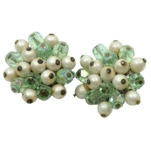VINTAGE 1940s JAPAN signed Pastel Green Faux Pearl & Crystal Clip On Earrings